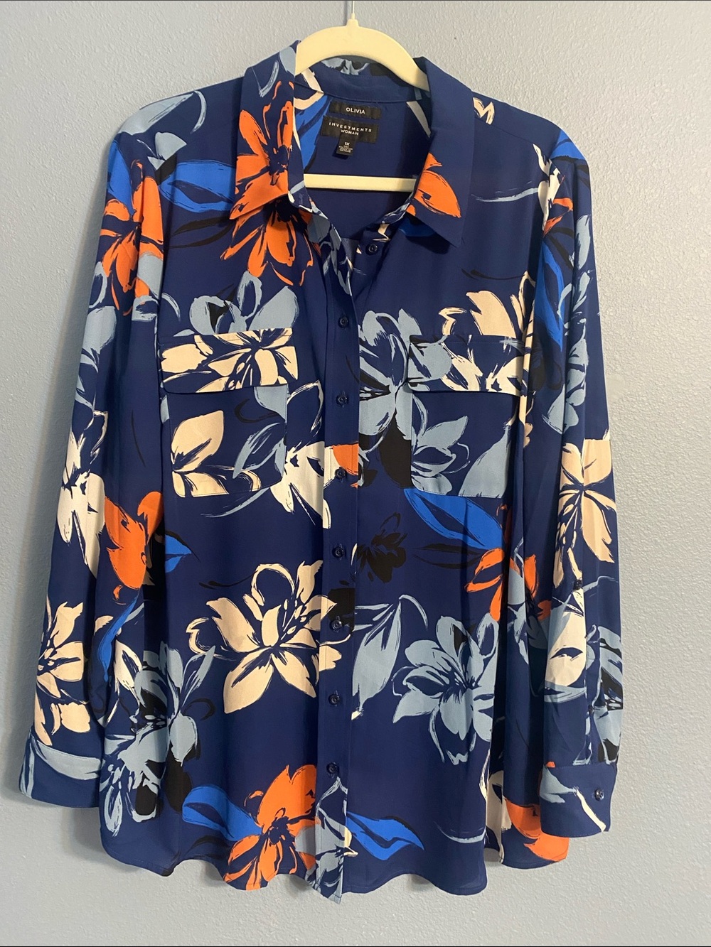 Olivia Navy Floral Button-Down Shirt with Blue & Orange Accents